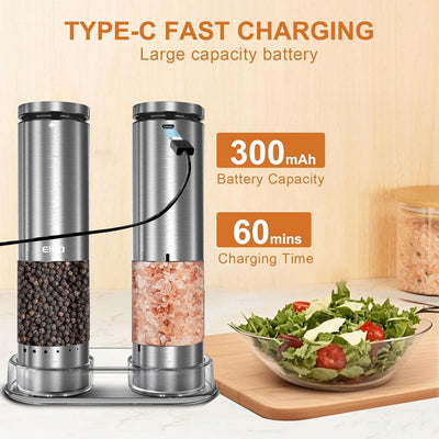 Electric Salt and Pepper Grinder Set Rechargeable, Automatic Salt and Pepper Shakers Mills External Adjustable Coarseness, Kitchen Gadgets, Stocking Stuffers Christmas Cooking Gifts for Men Women